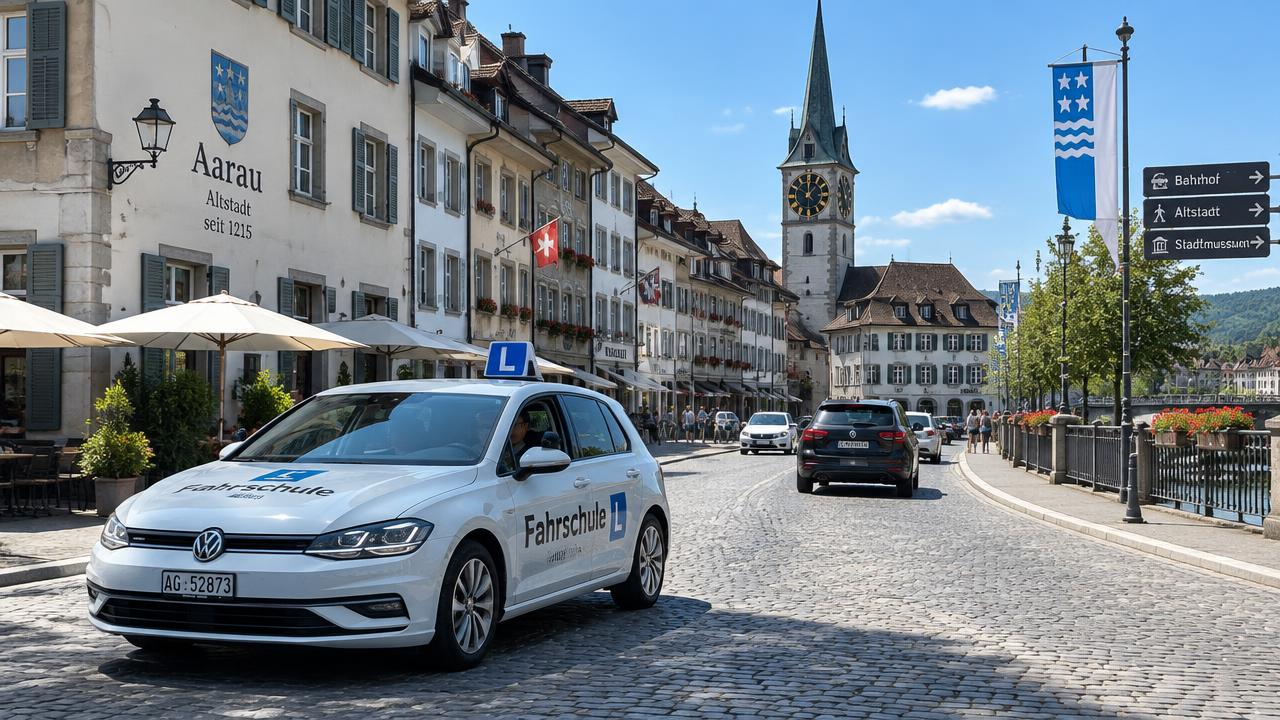 Fahrschulauto in der Altstadt von Aarau