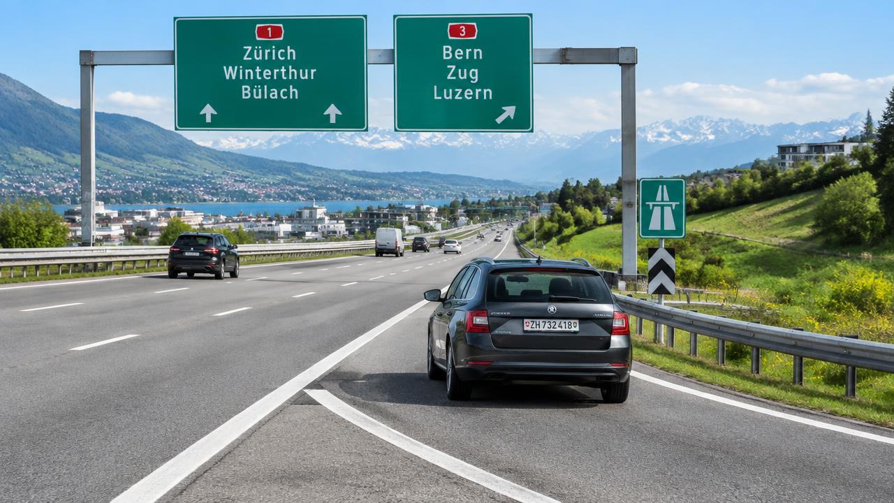 Auto fährt auf eine Schweizer Autobahn auf