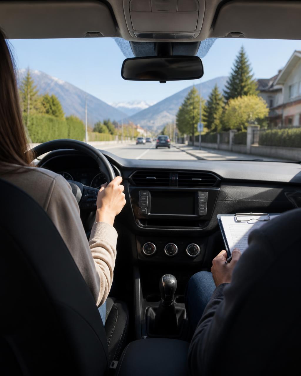 Fahrstunde: Fahrschülerin am Steuer, Fahrlehrer gibt Feedback
