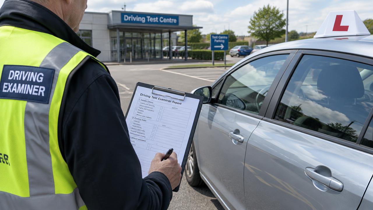 Verkehrsexperte mit Prüfungsprotokoll neben einem Fahrschulauto