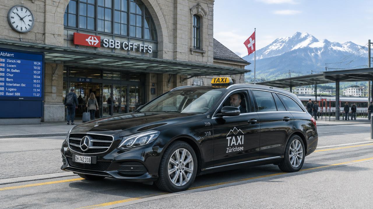 Taxi vor einem Schweizer Bahnhof