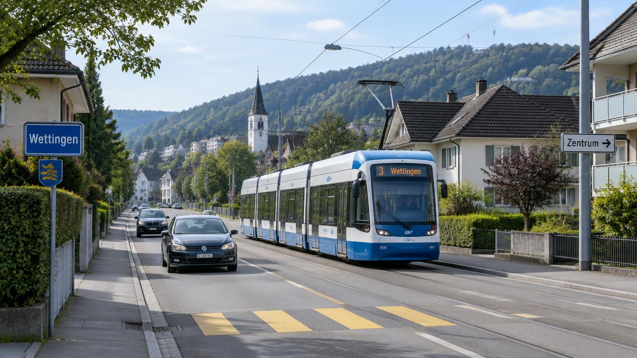 Strasse in Wettingen mit Tram und Autos