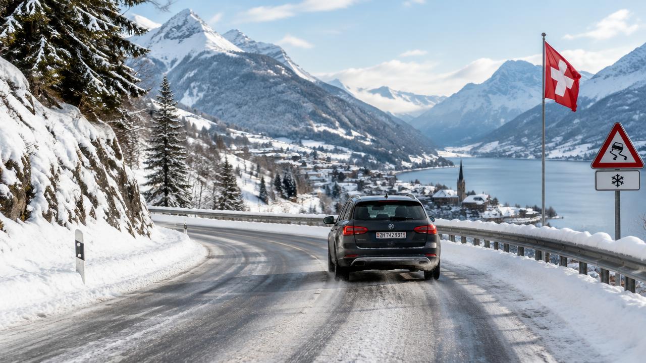 Auto auf einer verschneiten Schweizer Strasse